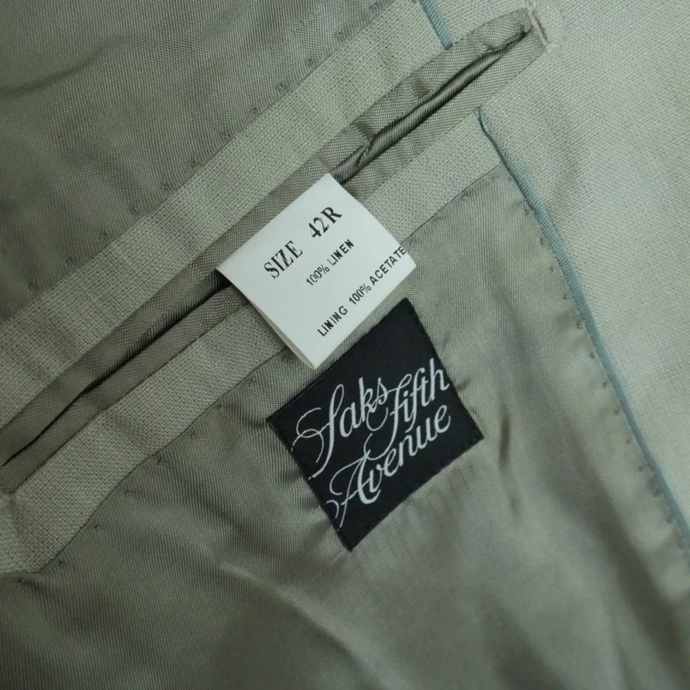 Saks‎ Fifth Avenue Mens 42R Blazer 100% Linen 2 Button Sport Coat Beige Preppy